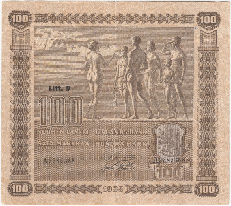 100 Markkaa 1939 Litt.D A3686368 kl.4